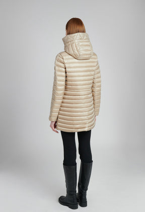 repurposed down lightweight puffer coat mid length in beige