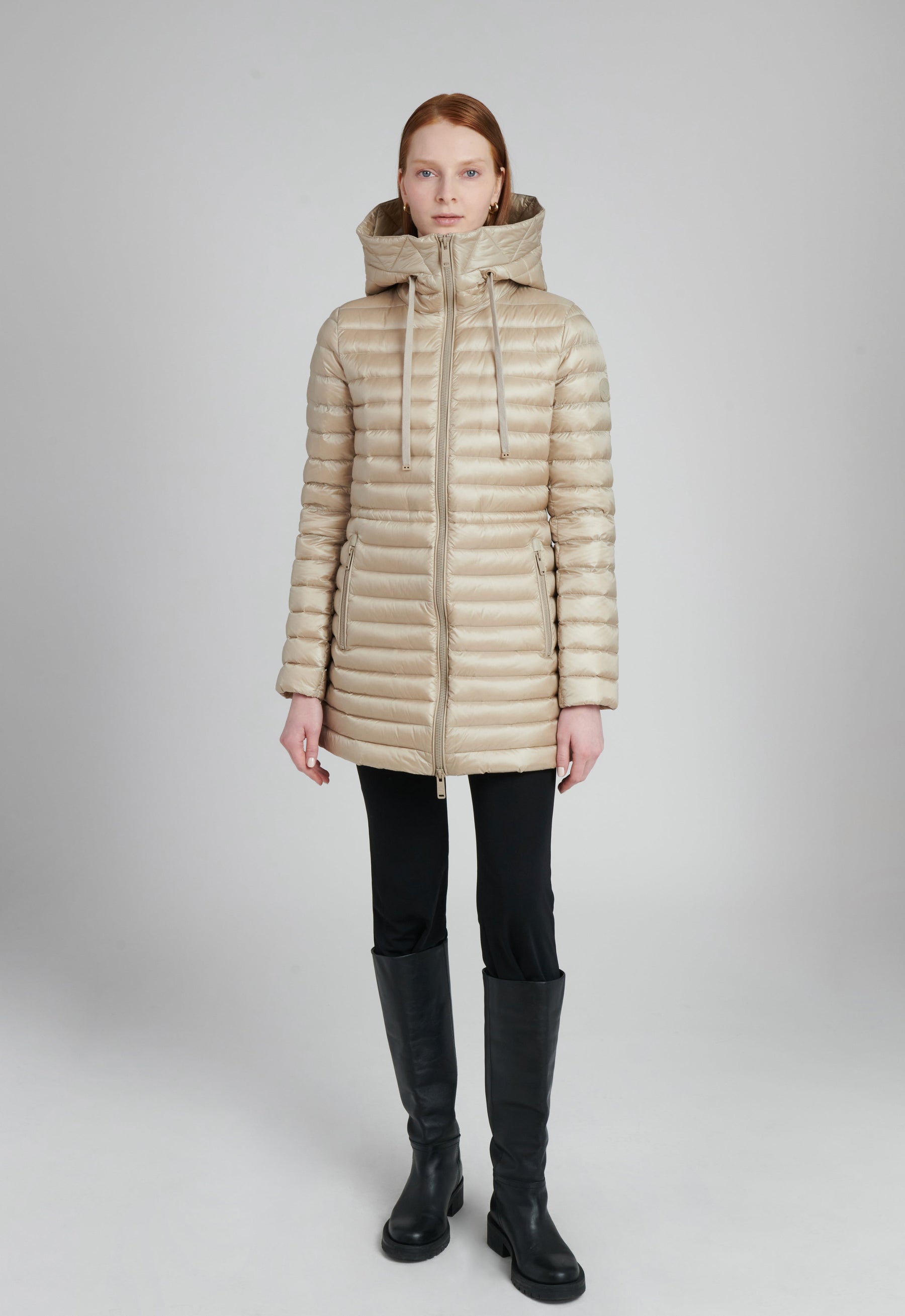 sustainable lightweight quilted winter jacket mid length in beige
