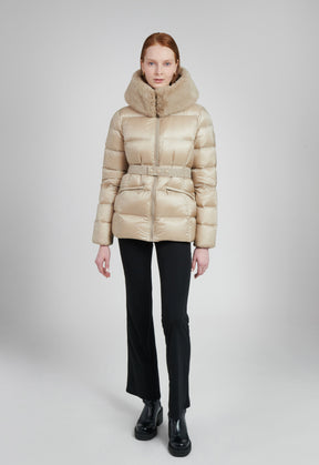 sustainable puffer with faux fur trim in champagne color