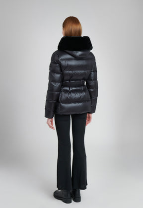 down and feather cropped winter parka in black