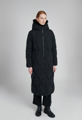 black full length quilted winter coat with down