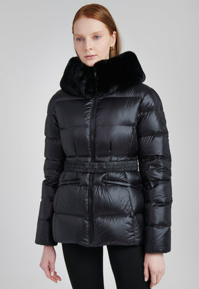 eco friendly down and feather cropped puffer coat in black