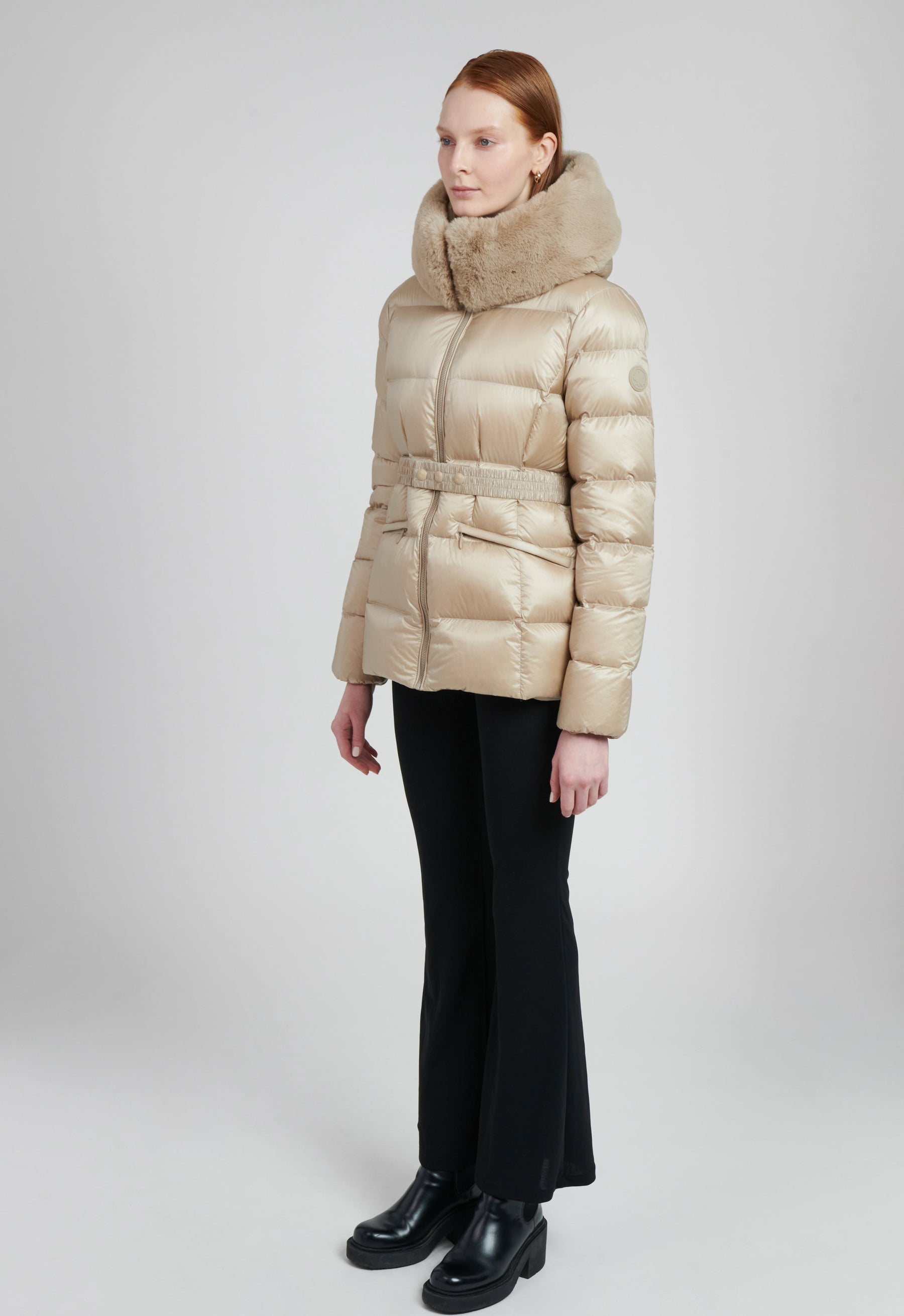 eco friendly down and feather cropped winter coat with faux fur trim in beige