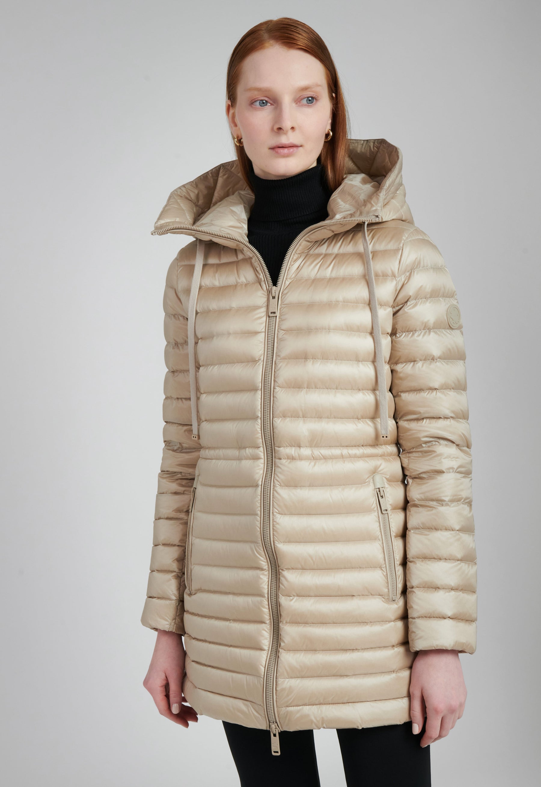 repurposed down and feather lightweight puffer jacket in beige