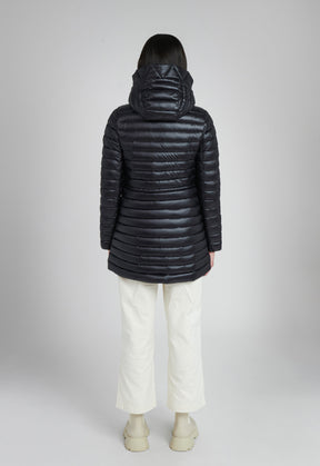 lightweight mid length quilted puffer jacket in black