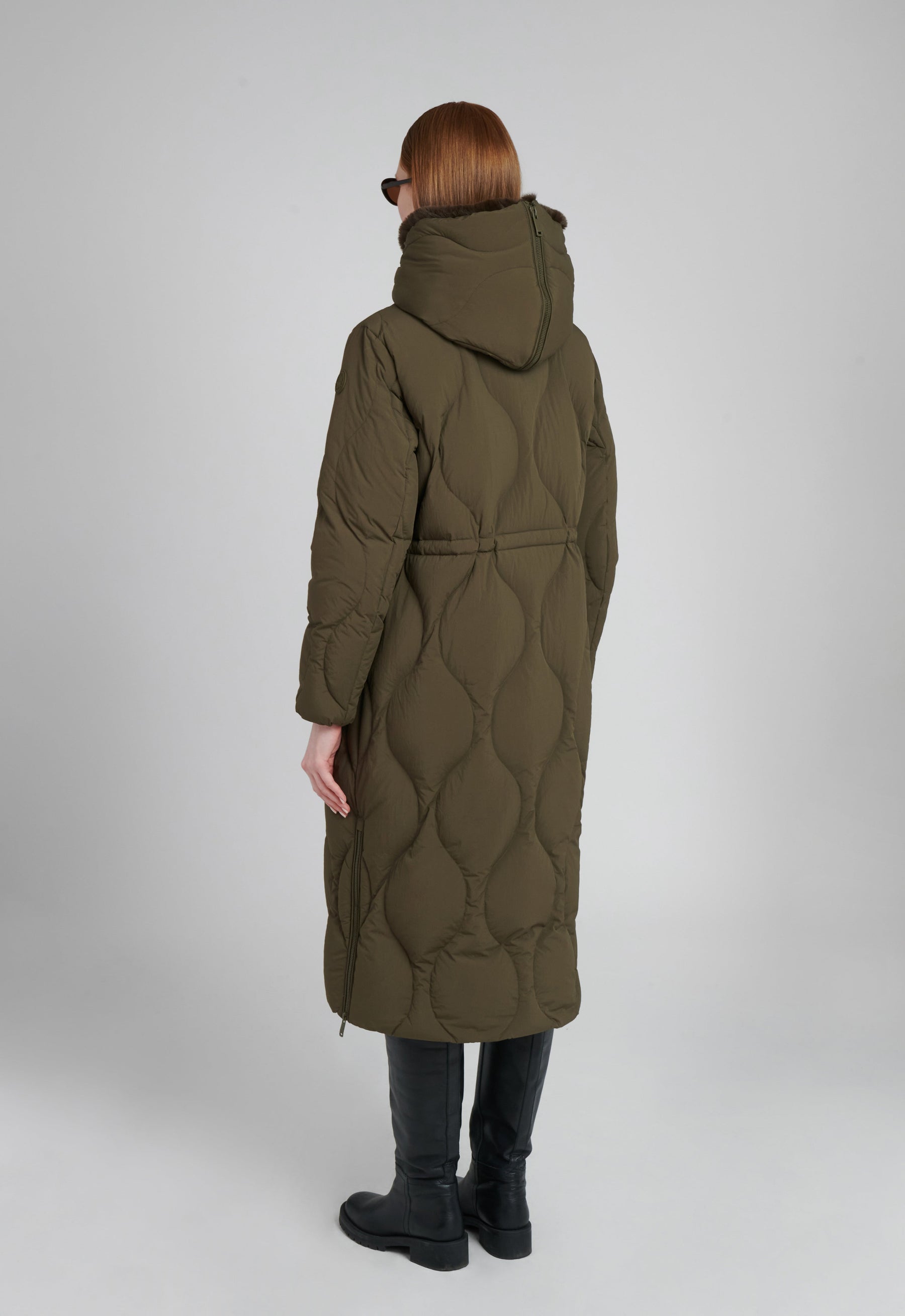 khaki olive green long quilted winter coat with down
