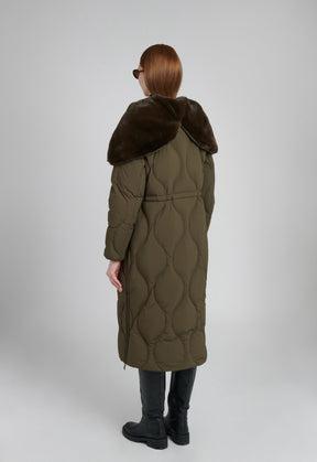 khaki olive green long quilted puffer coat with sherpa lining