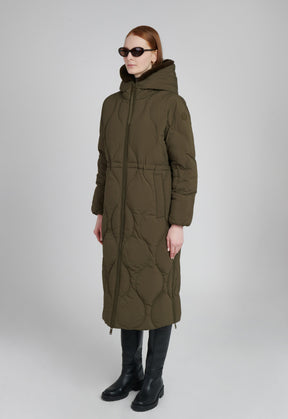 olive green full length quilted puffer coat