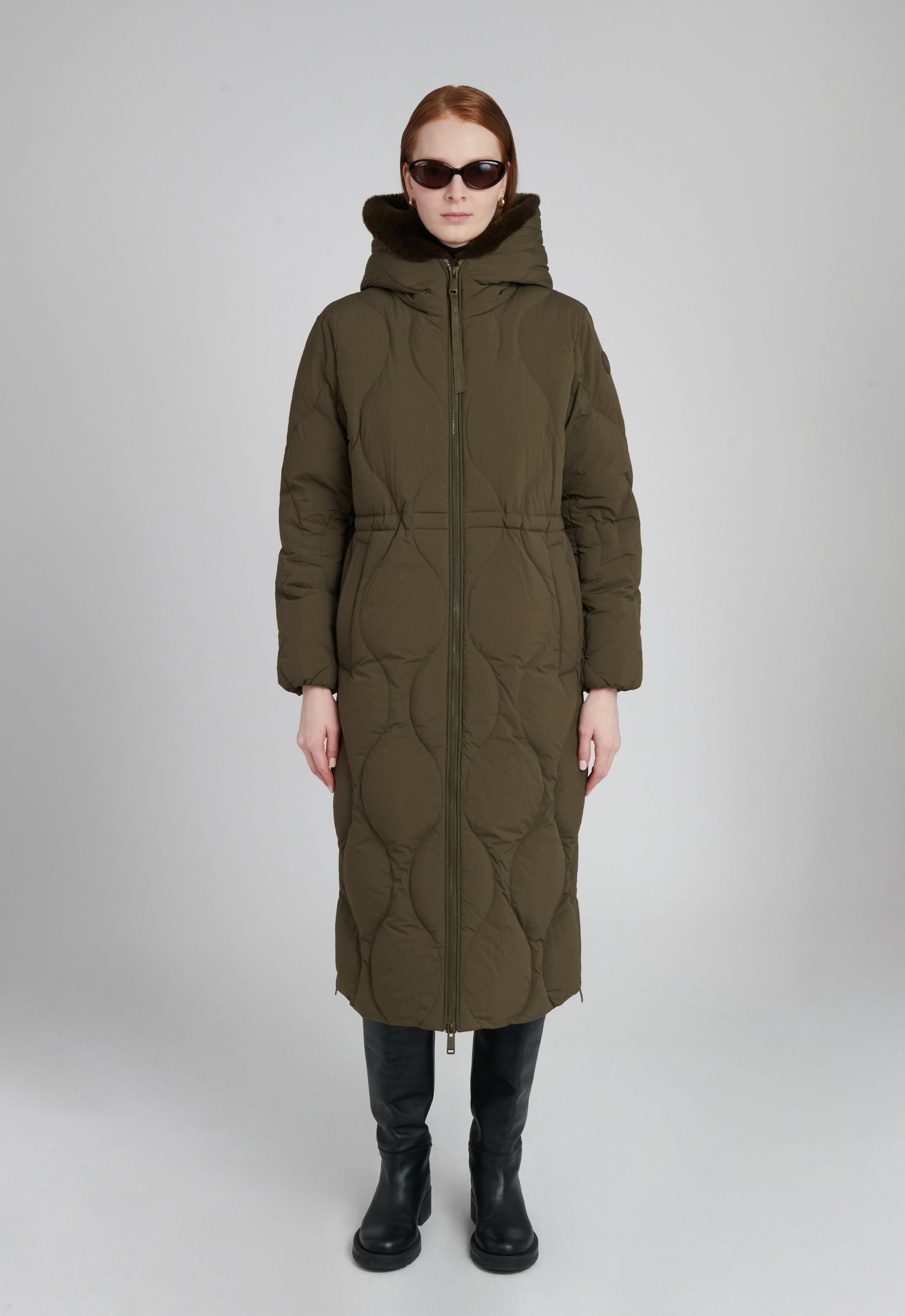 khaki olive green long quilted puffer coat with sherpa lining