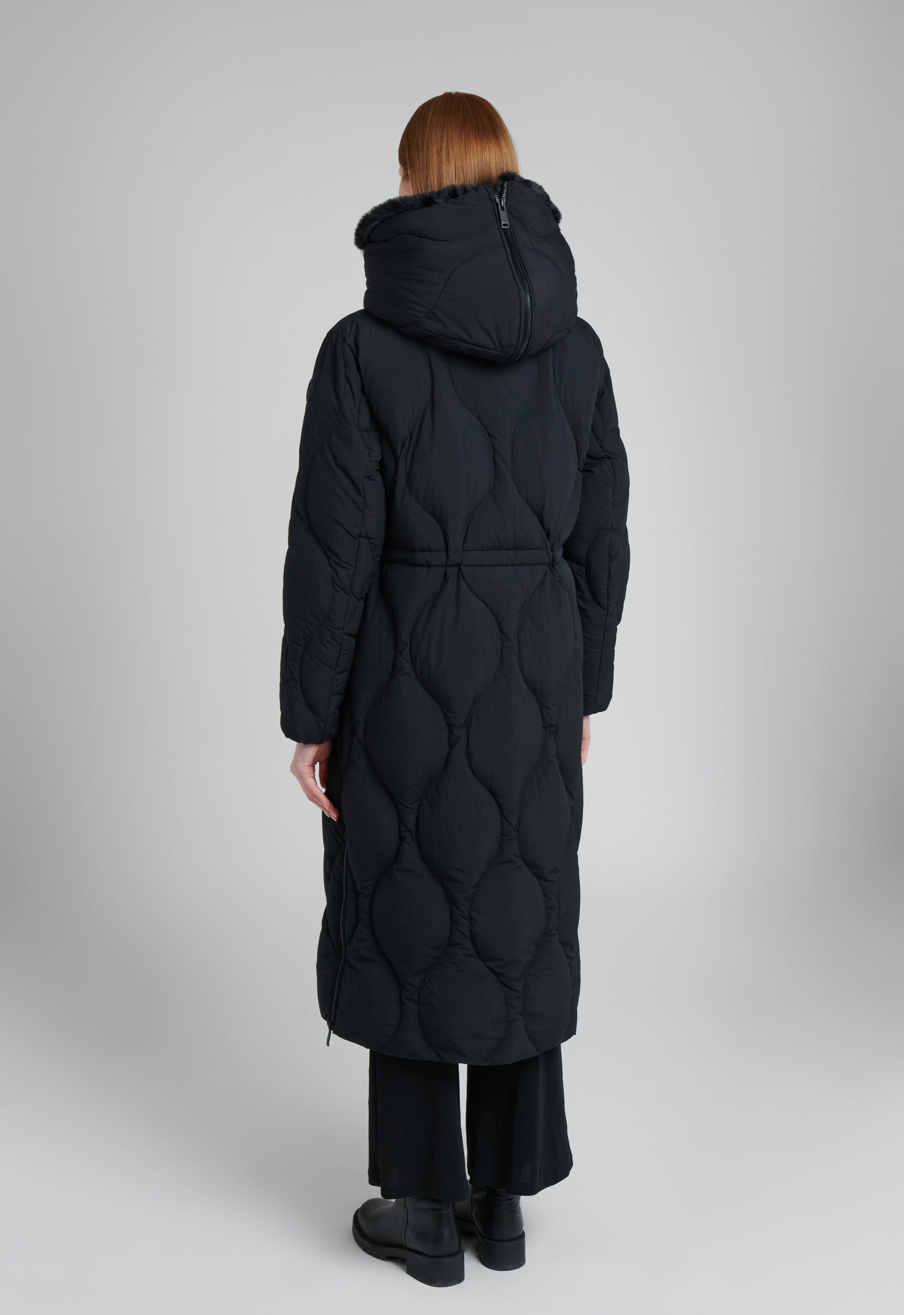 eco friendly down winter coat in black with sherpa lining