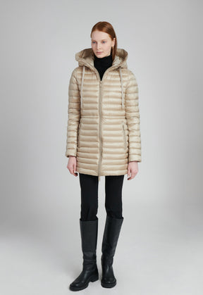 lightweight mid length puffer coat made from recycled materials in beige
