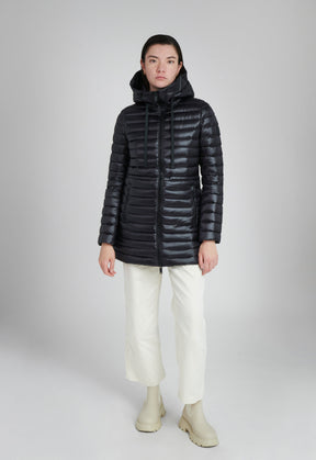 black mid length hooded puffer coat