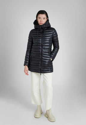 lightweight mid length down puffer coat in black