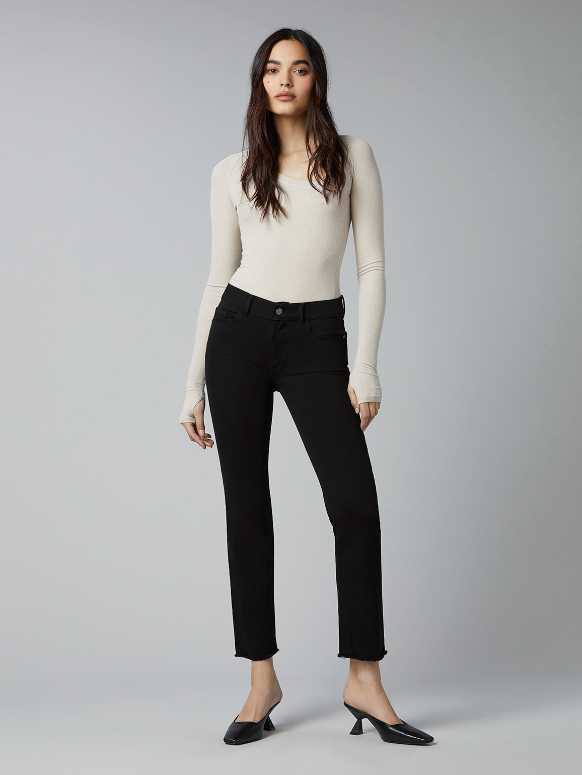 Mara Straight Mid Rise Instasculpt Ankle | Black Peached Raw Pants DL1961 23 Black Peached Raw 