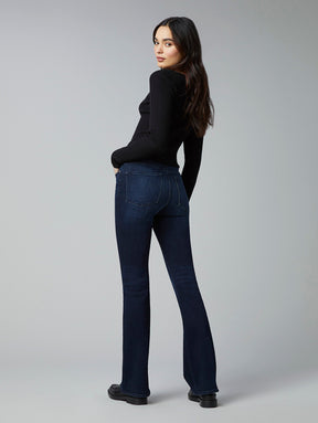sustainable denim high rise bootcut jeans in dark indigo