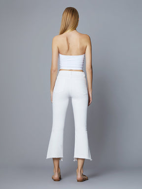 sustainable cropped high rise jeans in white with frayed hem