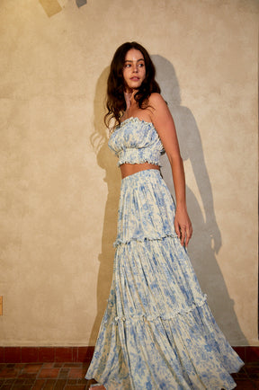 matching resort wear set with tired floral maxi skirt