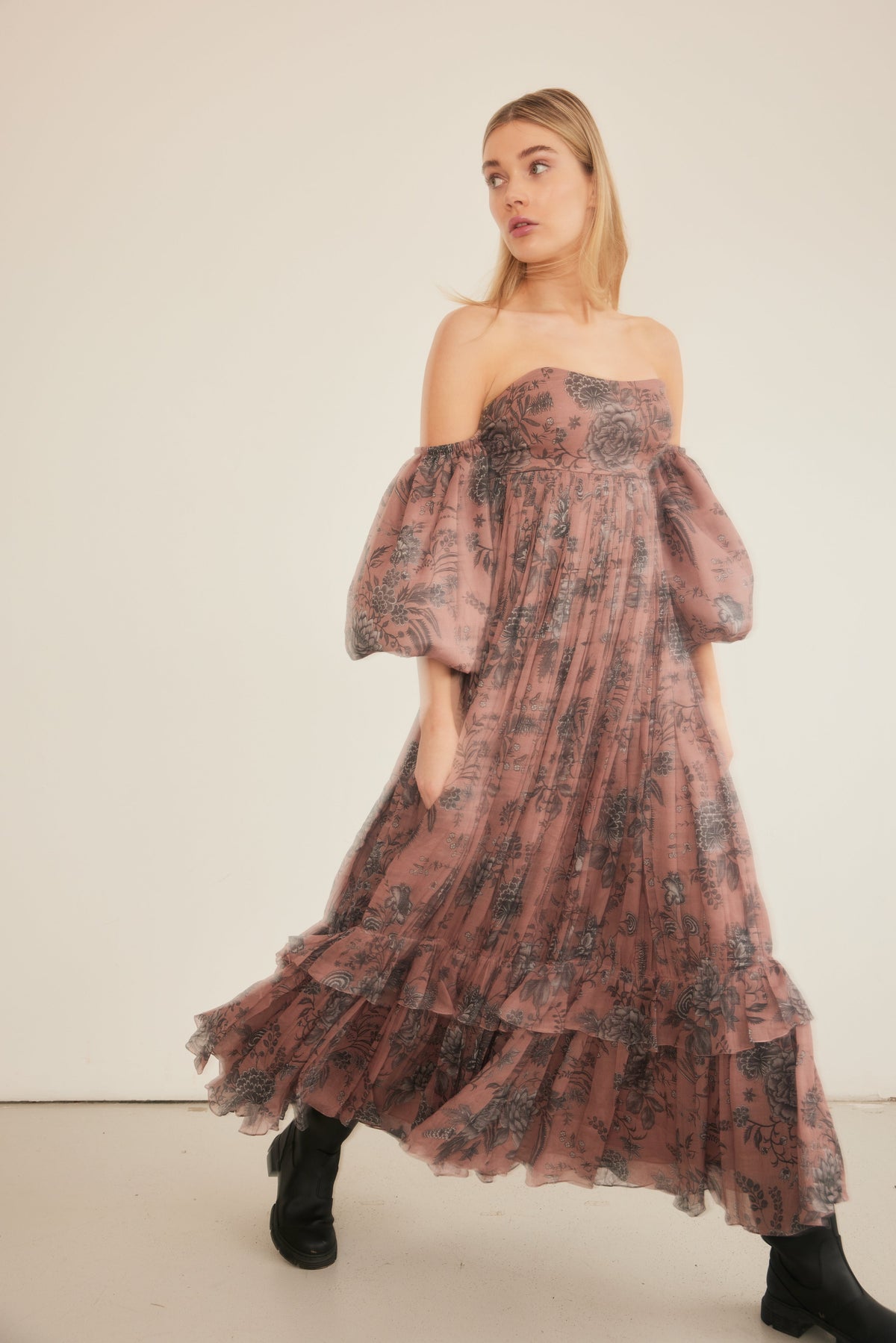 tiered hem off the shoulder maxi dress for fall