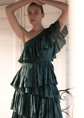 one shoulder tiered ruffle midi dress made from organic cotton