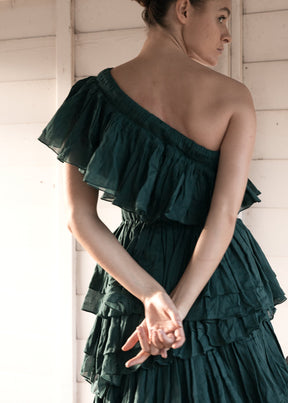 single shoulder ruffled midi dress made from organic cotton