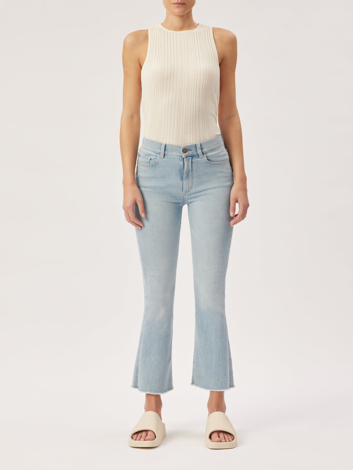 high rise crop boot cut fit sustainable denim light wash