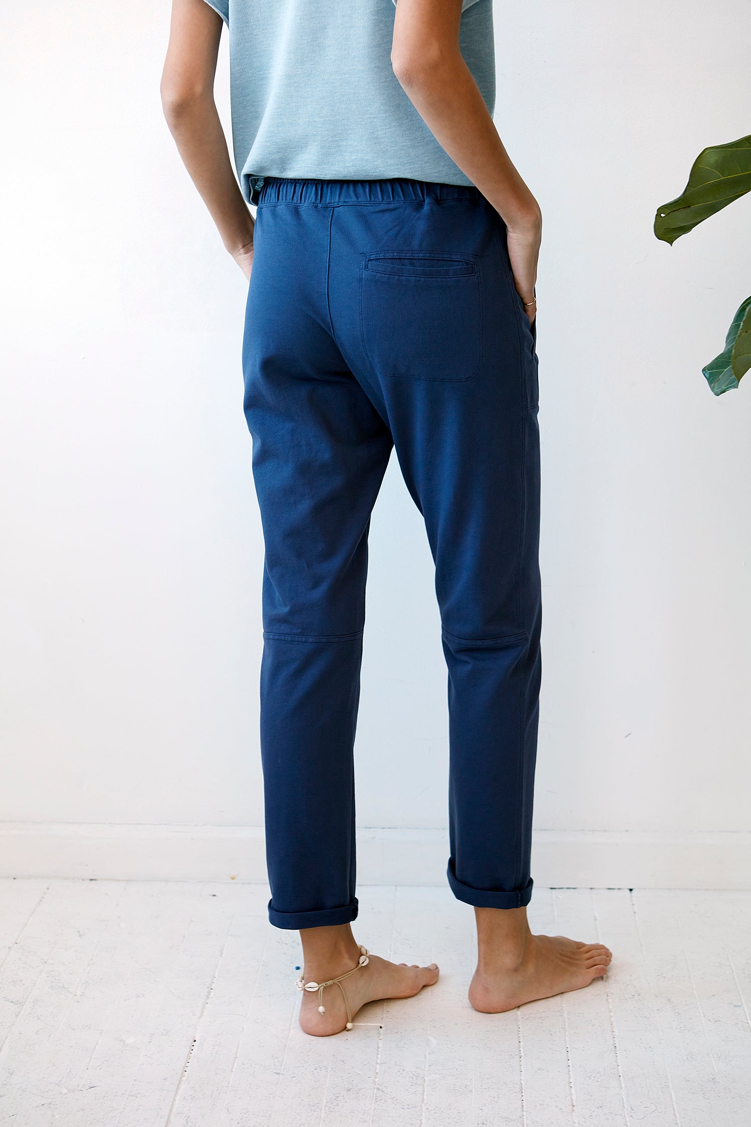 blue cotton tailored pants tapered fit