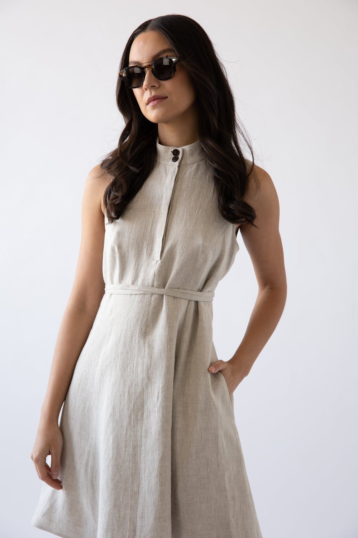quiet luxury linen dress for summer with cinched waiste