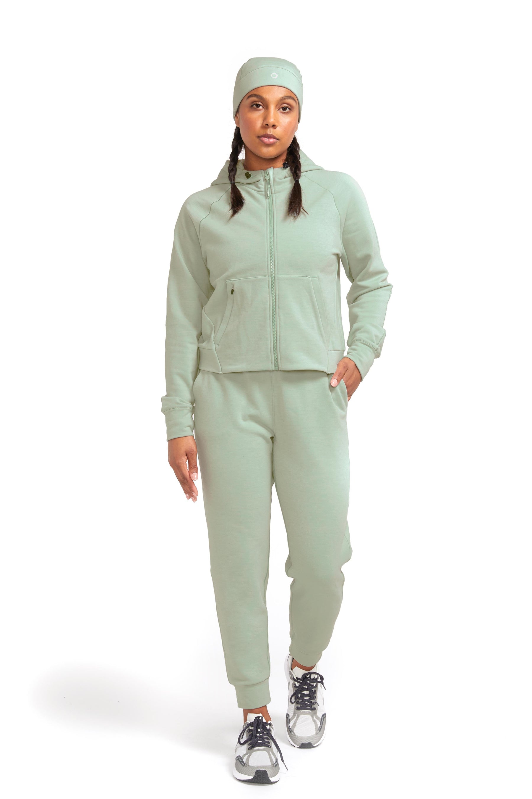 Full athleisure look with sage green merino wool running joggers 