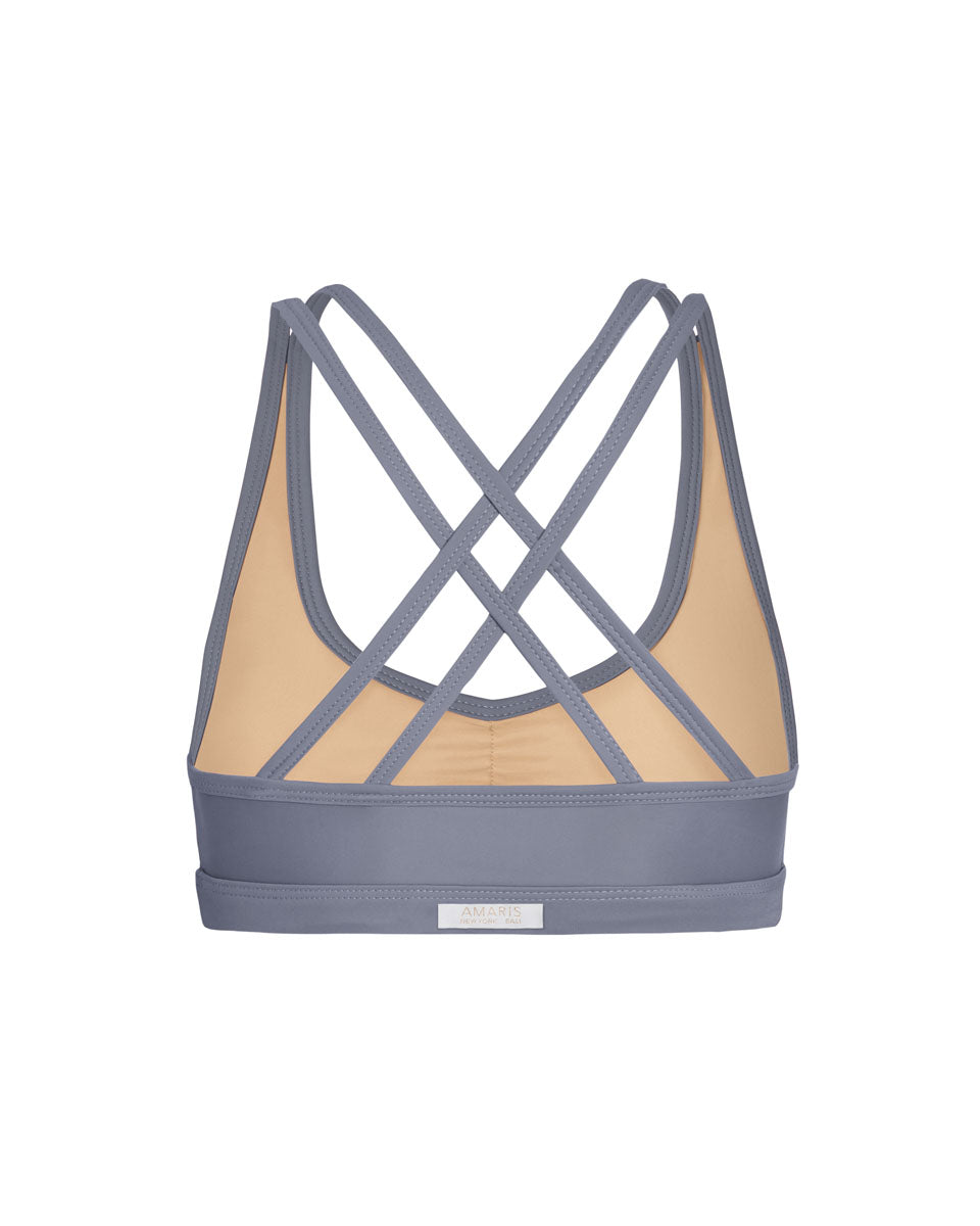 sustainable workout sports bra in gray with cross back design