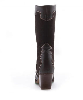 back view of eco friendly cowboy boots made from vegan leather and suede
