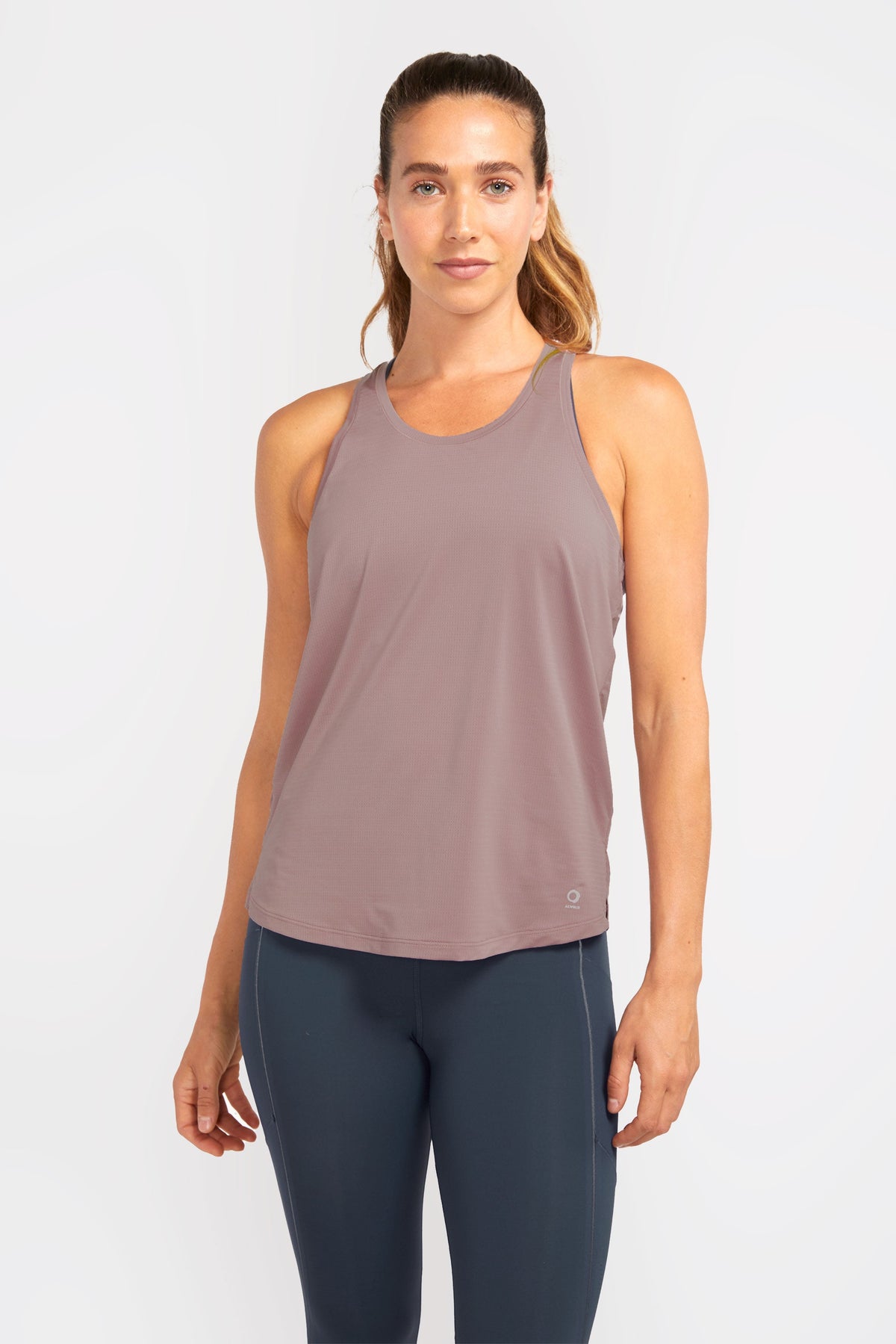 Front view mesh lululemon dupe workout tank top in color elderberry (pale mauve taupe)