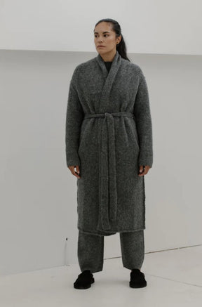 sustainable wool wrap coat in grey