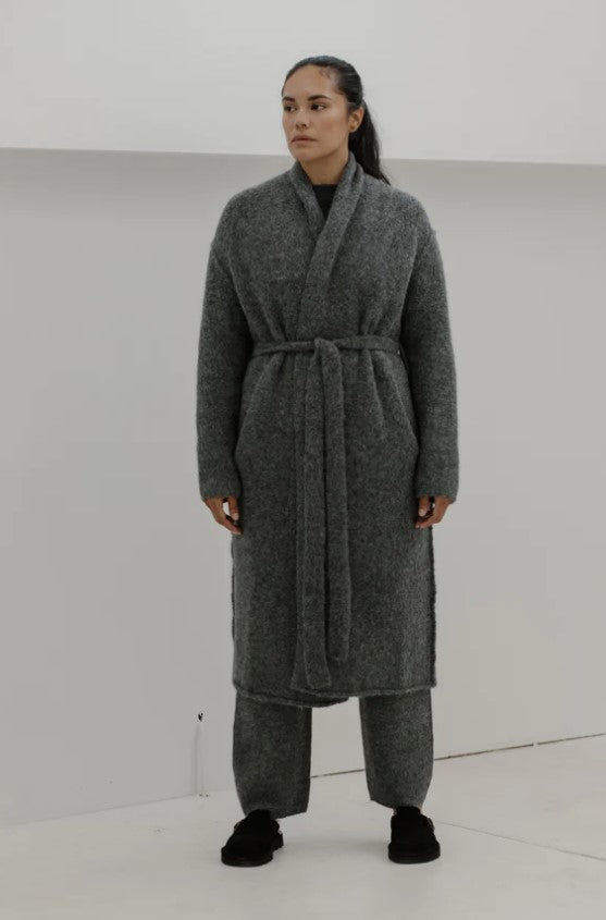 sustainable wool wrap coat in grey