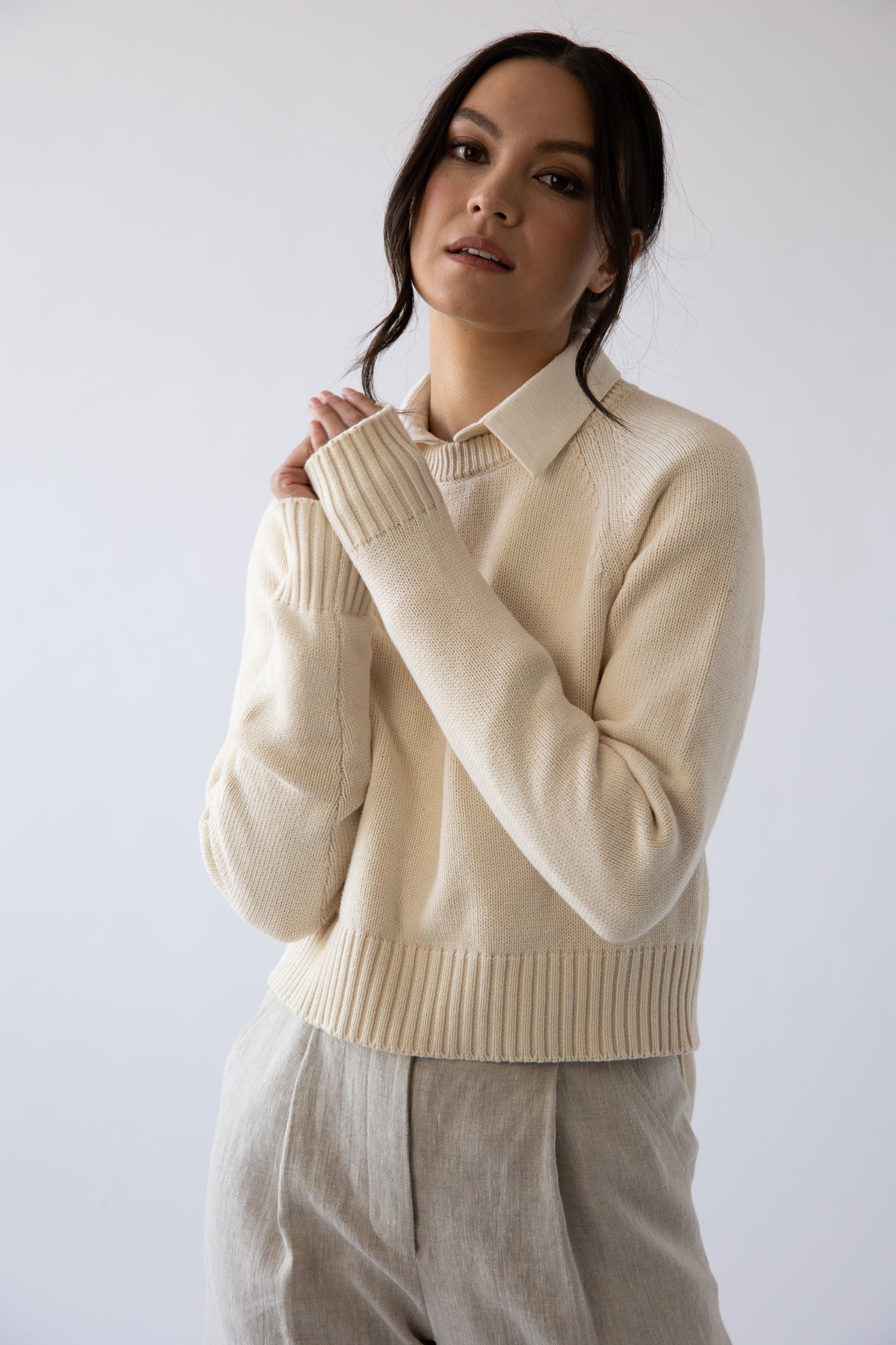 beige organic cotton pullover sweater for spring