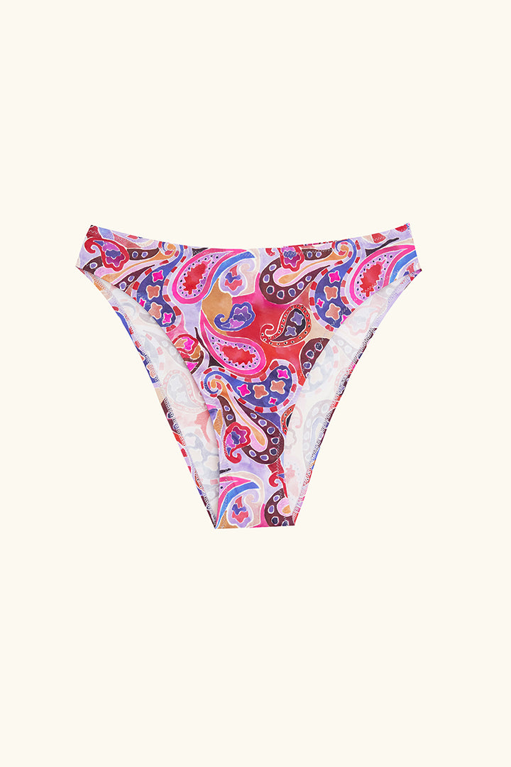 sustainable swimwear pink paisley print bikini bottom high rise