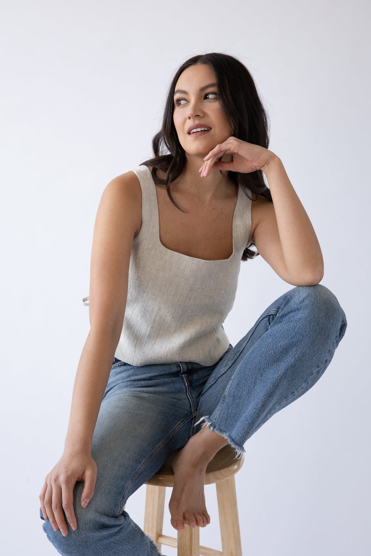 natural linen tie top cropped tank with square neckline
