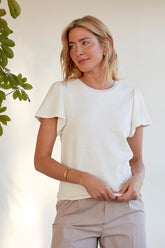 basic white t-shirt for work with flutter sleeves