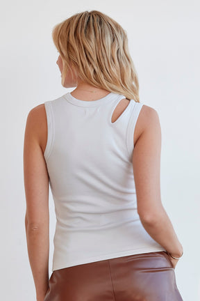 ethically made white tank top for work with cutout detail