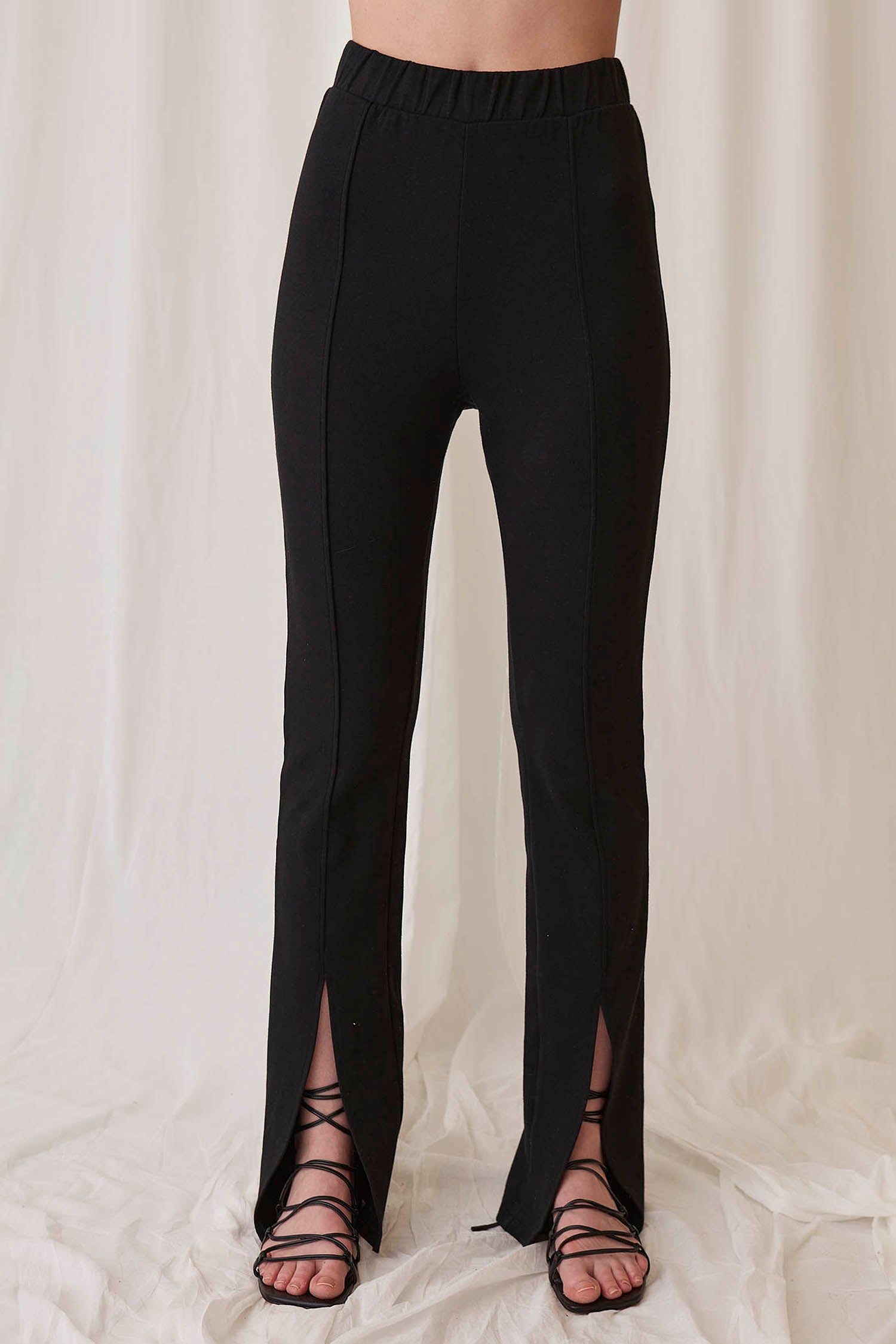 stretchy black pants for travel with front slit