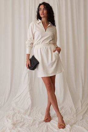 long sleeve mini dress 1/4 zip cinched waist in white