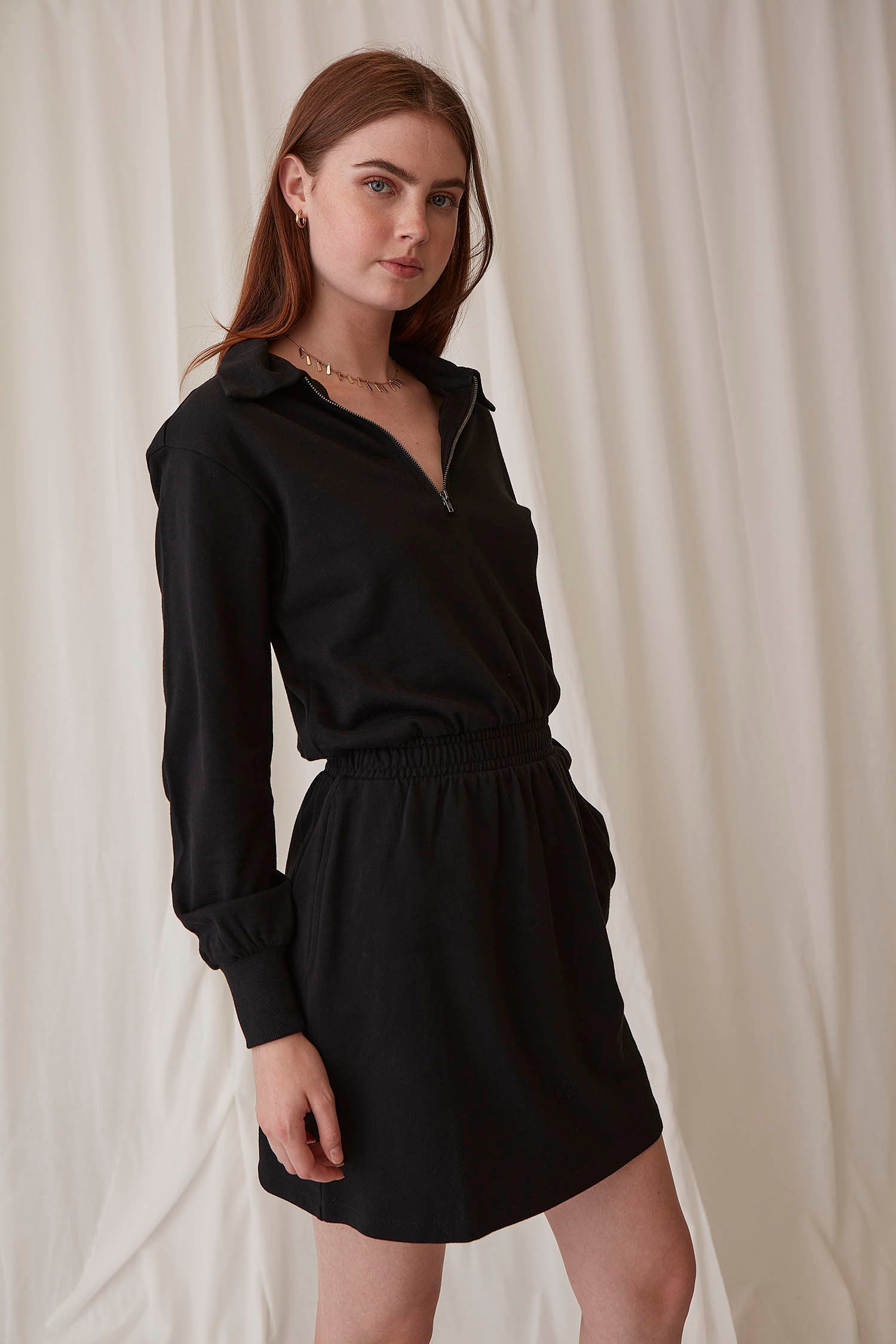 sustainable cotton 1/4 zip long-sleeve black mini dress 