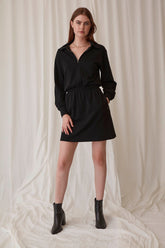 black 1/4 zip long sleeve mini dress with cinched waist