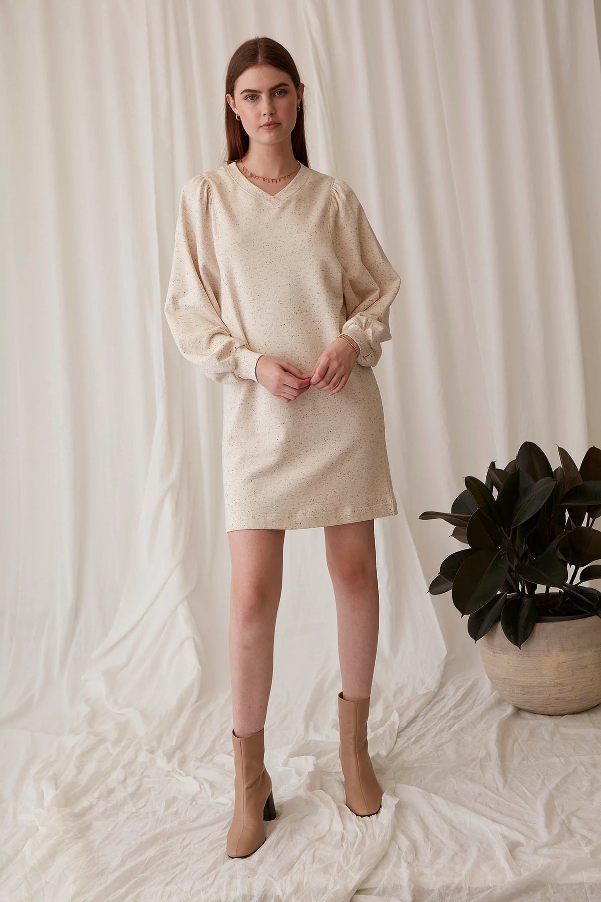 beige cotton romantic sleeve dress for fall weather