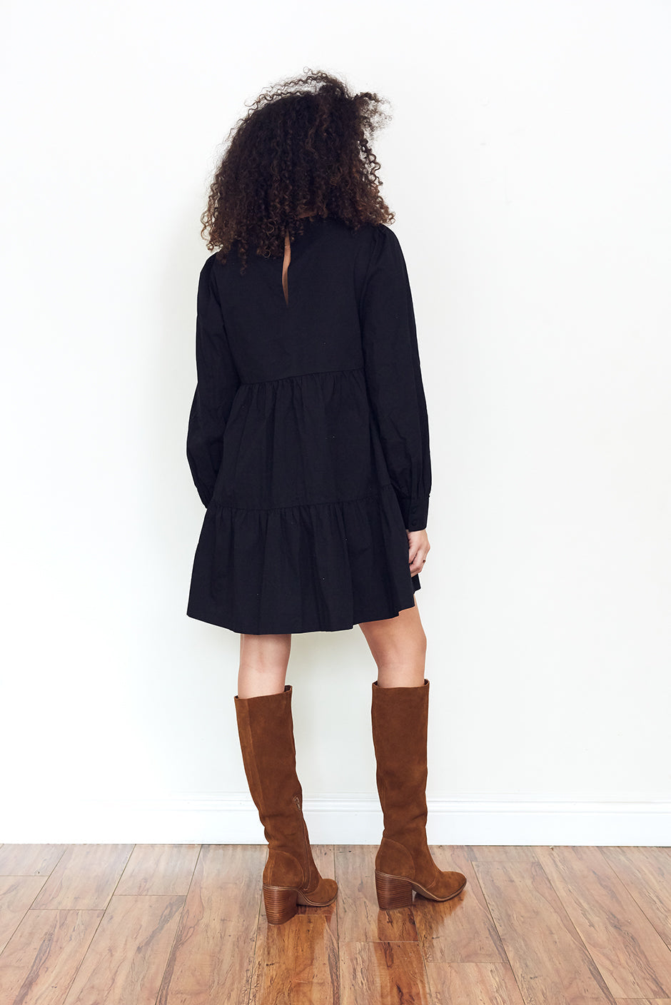 black sustainable cotton long sleeve tiered mini dress