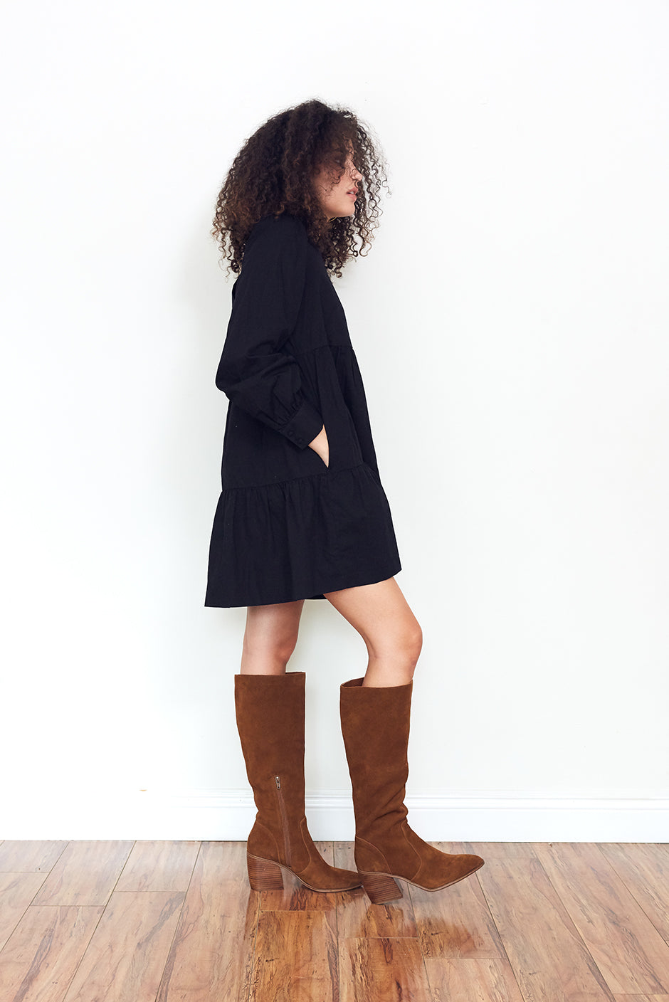sustainable cotton long sleeve mini dress for fall