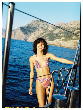 eco conscious swimwear high cut bikini bottom pink paisley print
