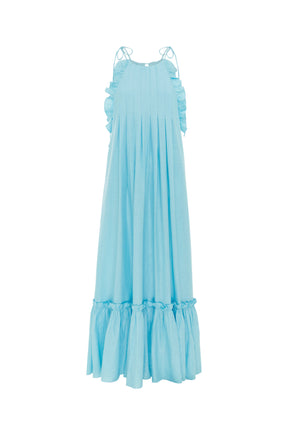 blue organic cotton tie up halter maxi dress