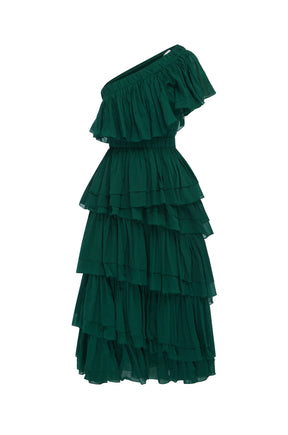 emerald green one-shoulder ruffled midi dress 