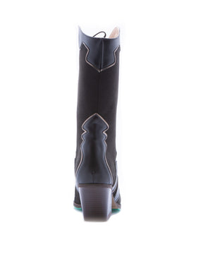 back view of eco friendly vegan cowboy boot in black with bronze embroidery 