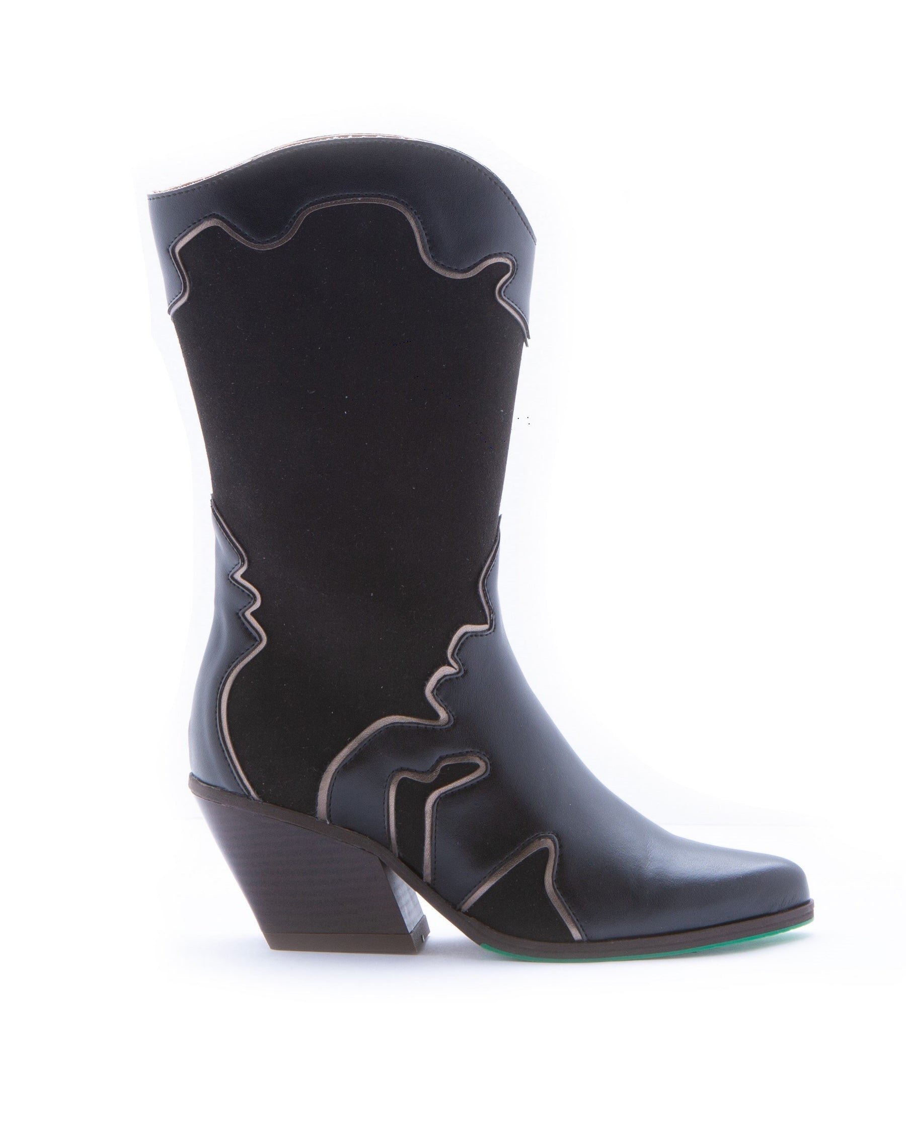 vegan leather and vegan suede cowboy boots in black with bronze embrodery
